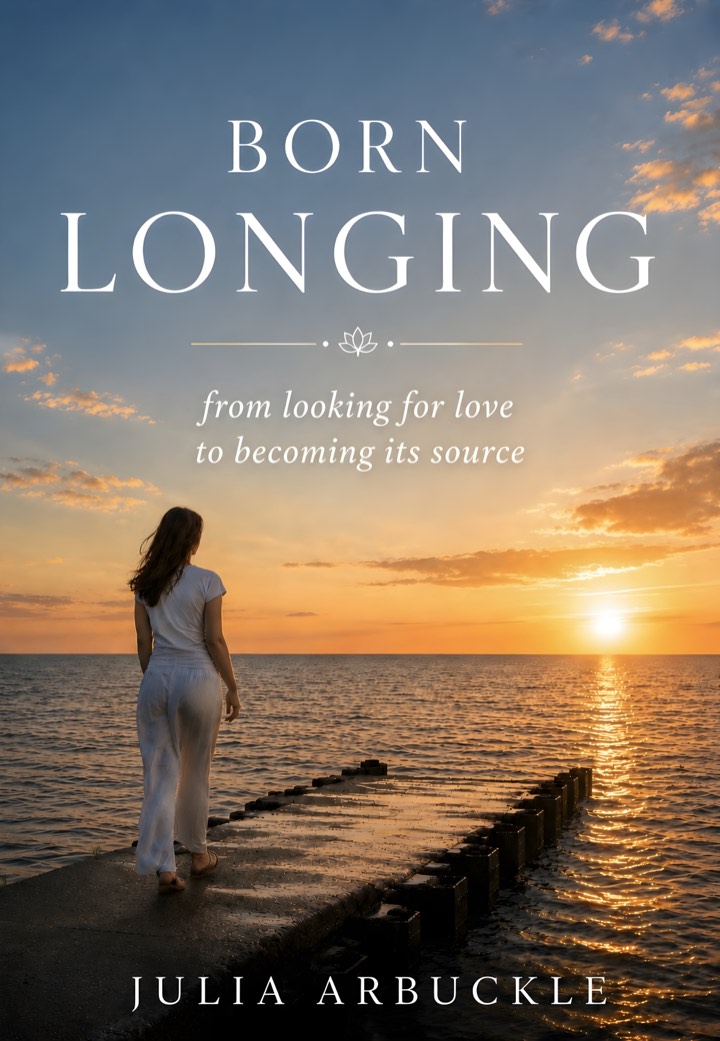 Cover of Born Longing by Julia Arbuckle: a woman in white walks along a pier toward the sunrise over open water.